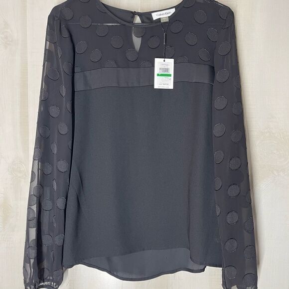 Calvin Klein new black long sleeve see through sleeve,‎ top blouse, size large - Picture 7 of 14